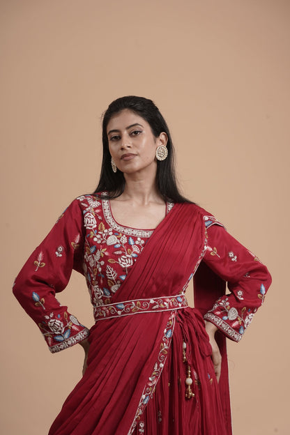 Maroon Thread Embroidered Drape-Style Skirt Top - Zarkan