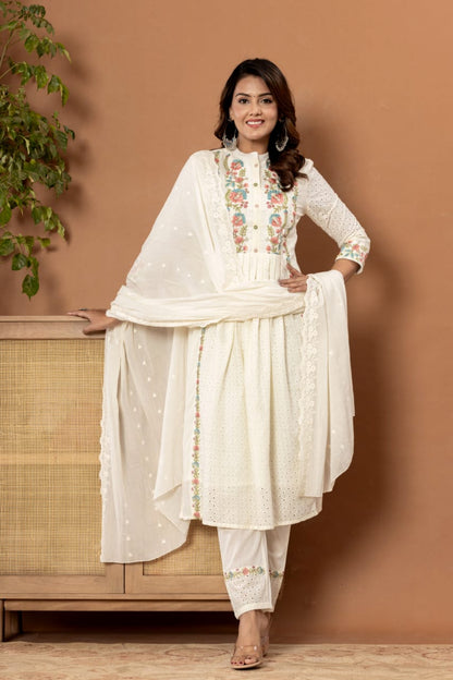 Off-White Embroidered Cotton Suit Set - Zarkan Jaipur