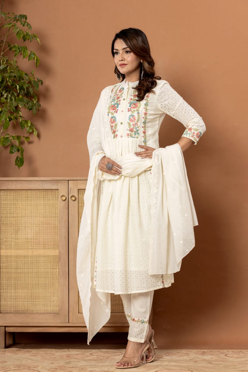 Off-White Embroidered Cotton Suit Set - Zarkan Jaipur