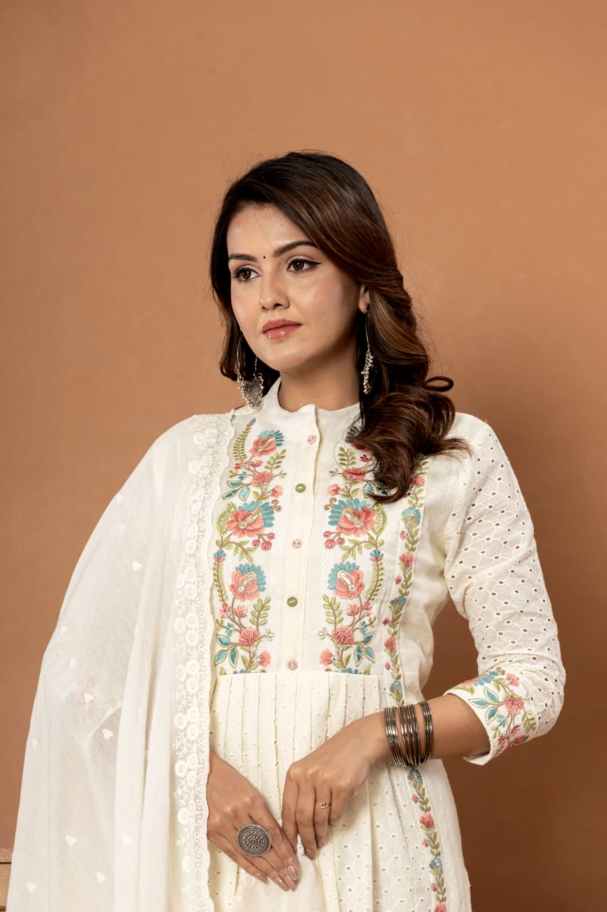 Off-White Embroidered Cotton Suit Set - Zarkan Jaipur