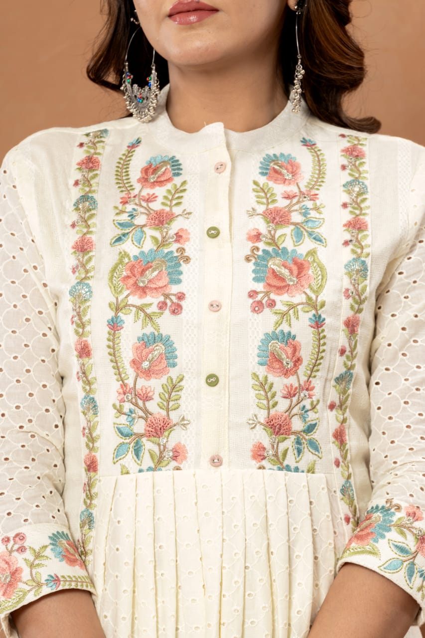 Off-White Embroidered Cotton Suit Set - Zarkan Jaipur