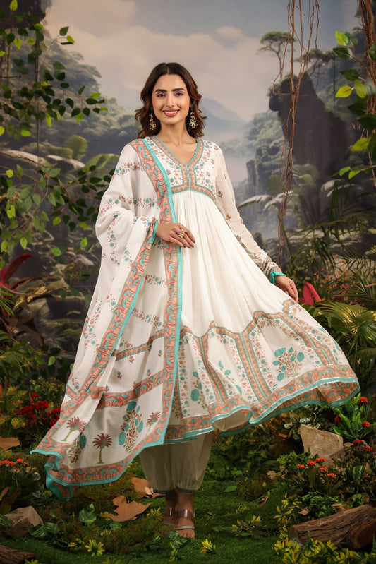 Orange-Blue Printed Mulmul Anarkali Set - Zarkan