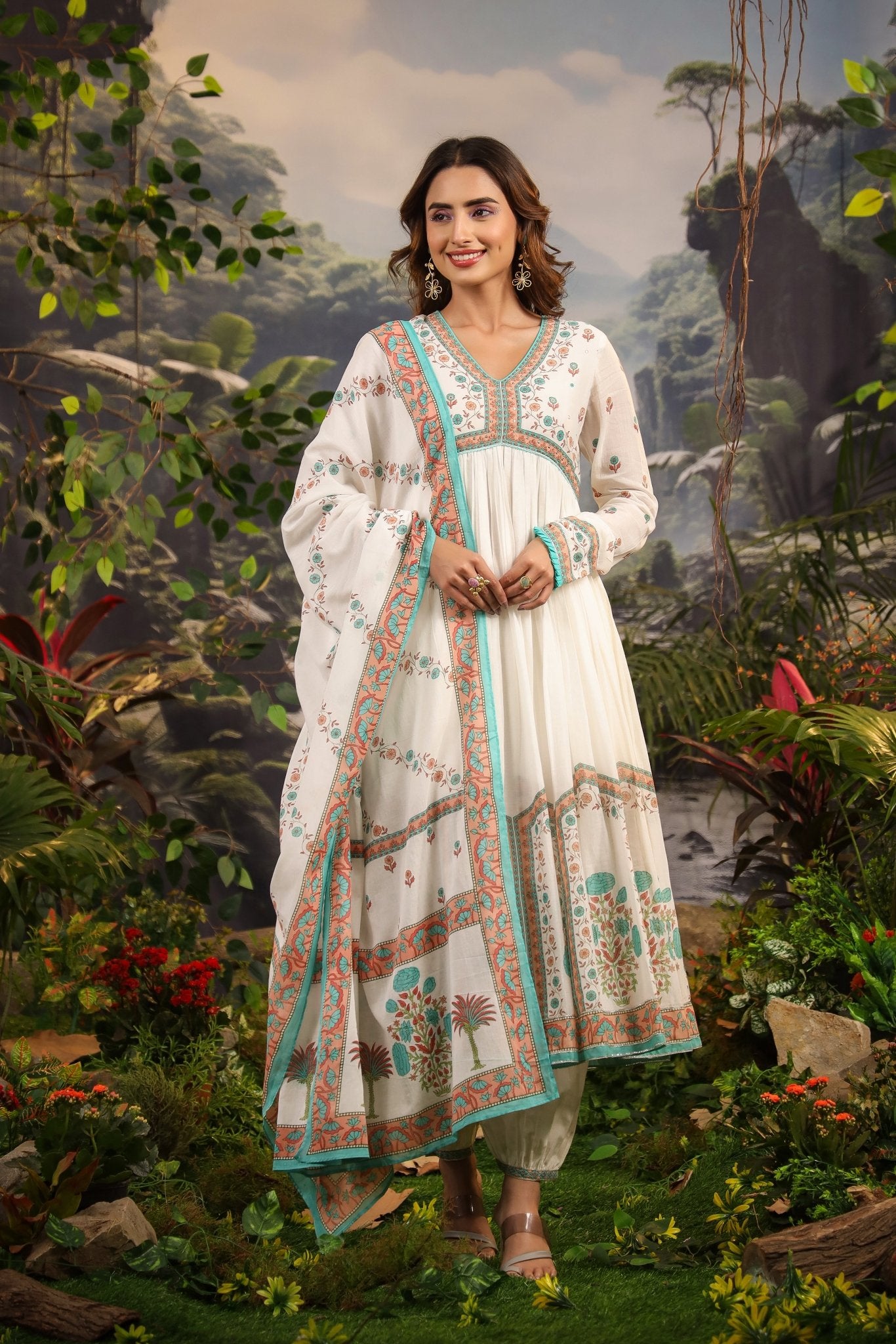 Orange-Blue Printed Mulmul Anarkali Set - Zarkan