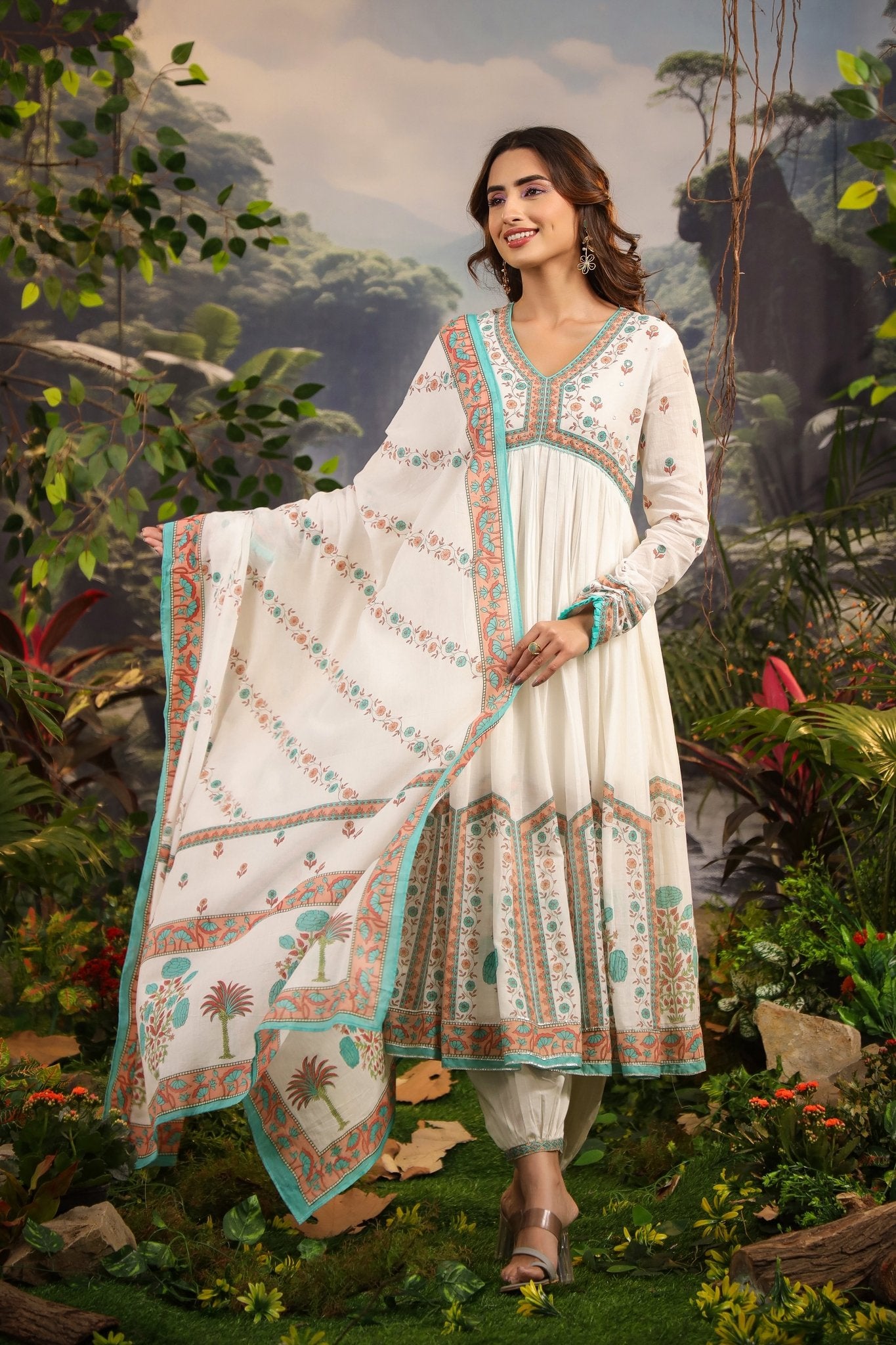 Orange-Blue Printed Mulmul Anarkali Set - Zarkan