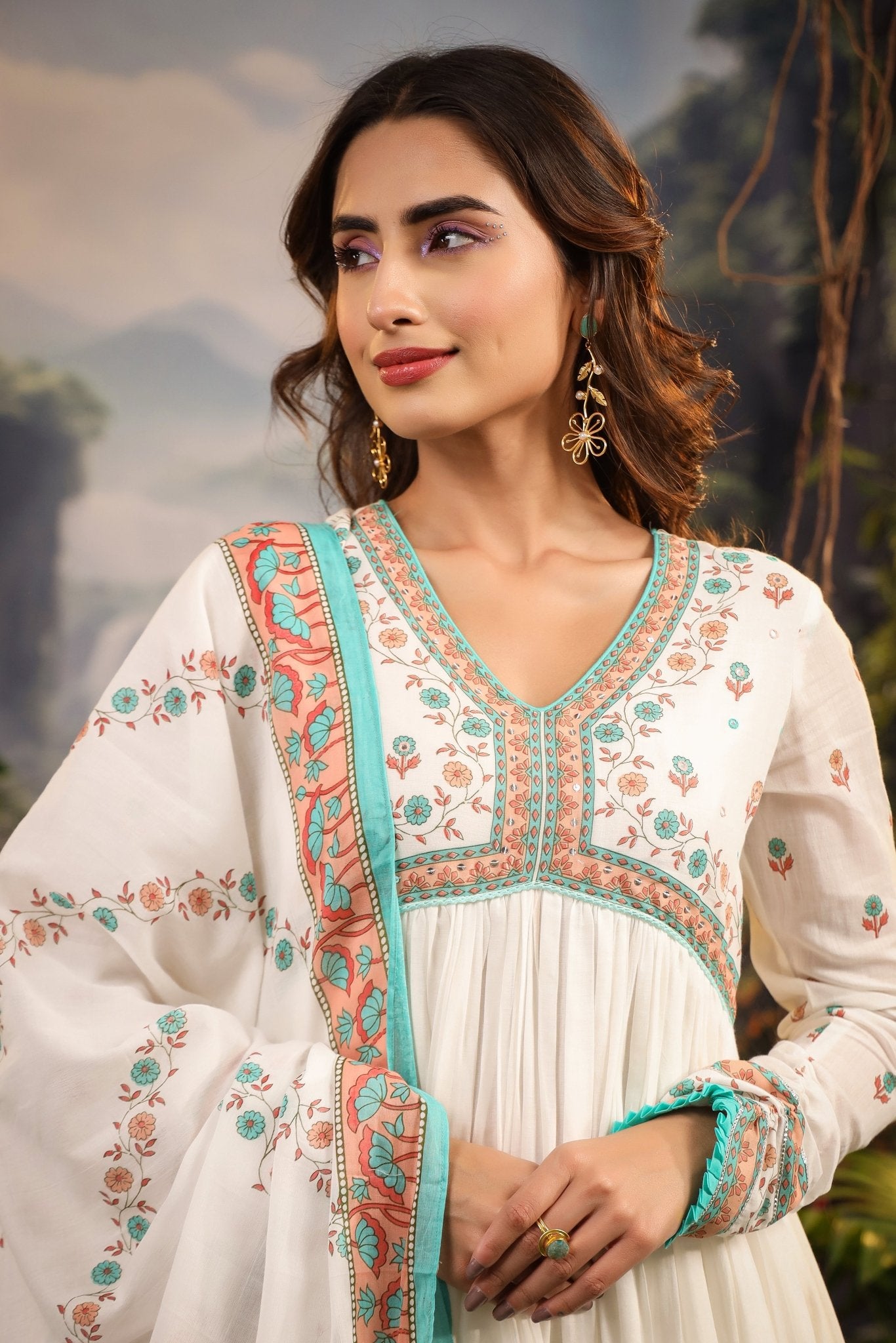 Orange-Blue Printed Mulmul Anarkali Set - Zarkan