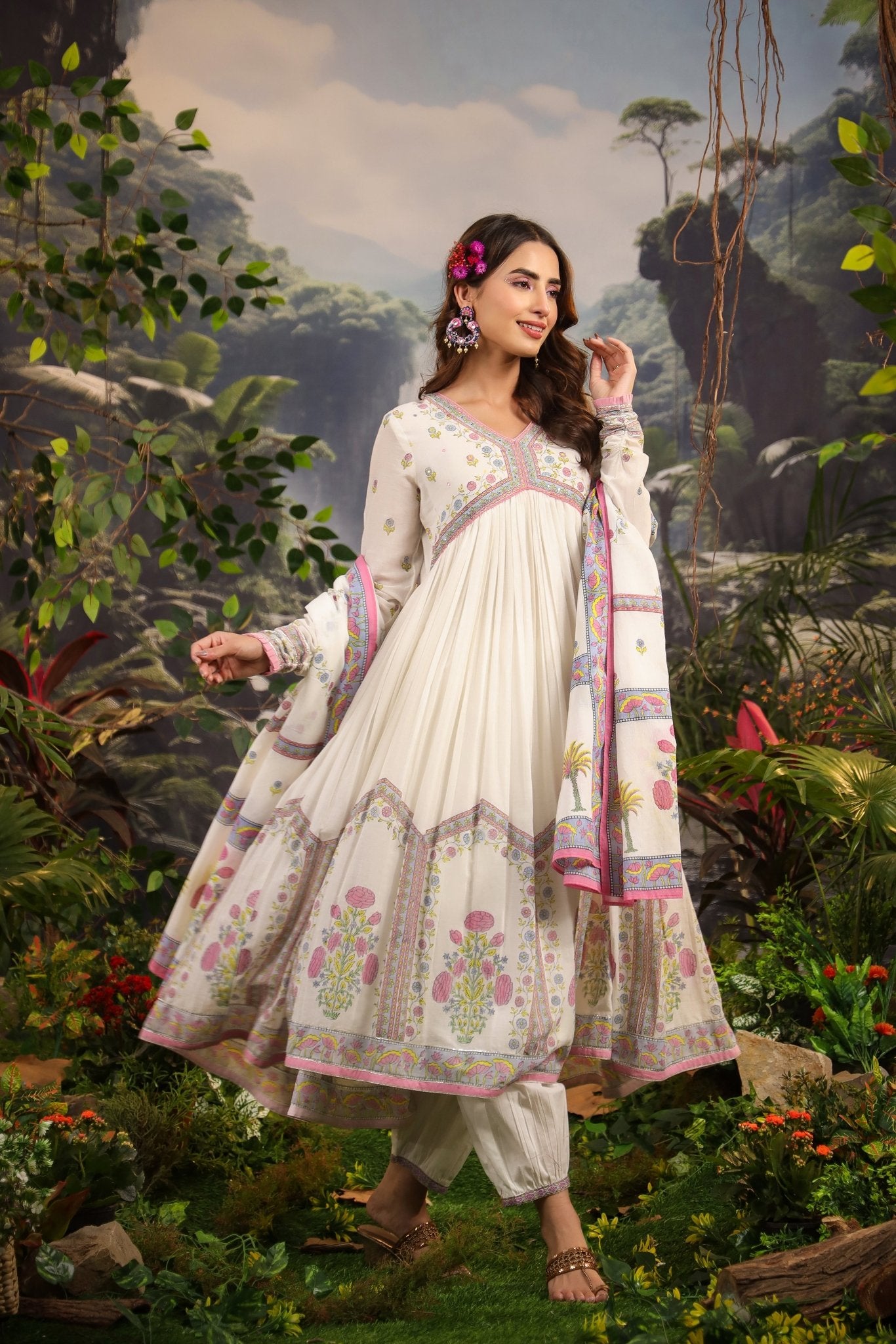 Purple Pink Printed Mulmul Anarkali Set - Zarkan