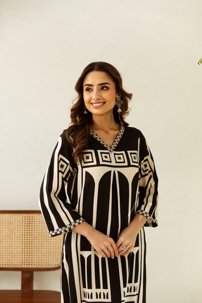 Black Muslin Printed Kurta Set