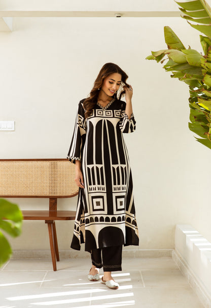 Black Muslin Printed Kurta Set