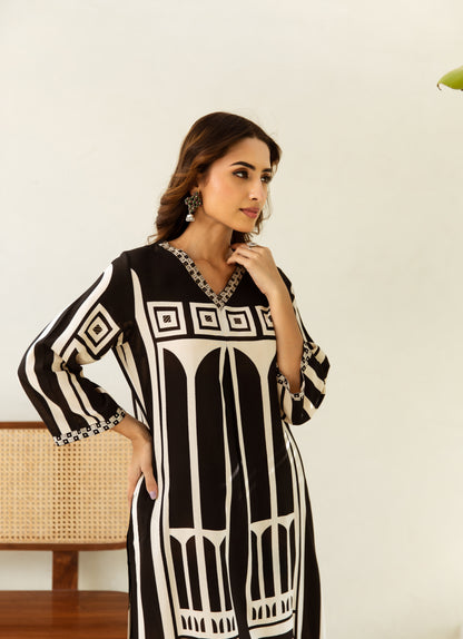 Black Muslin Printed Kurta Set